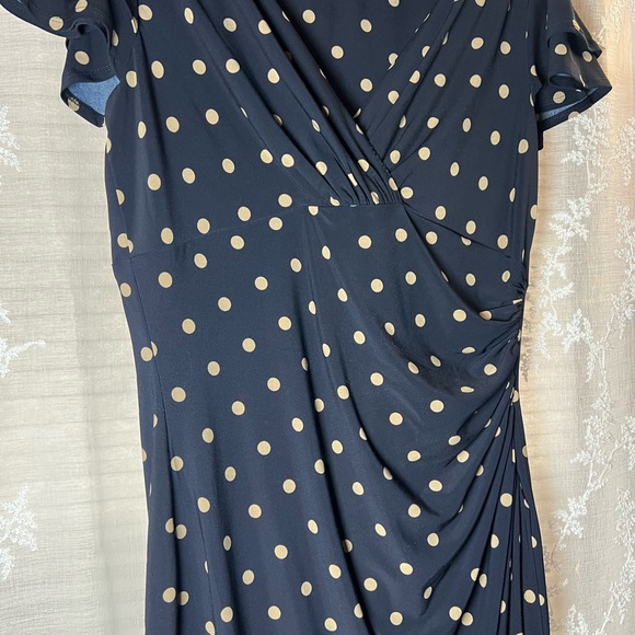 Lauren Ralph Lauren Polka Dot Midi Dress Ruched Wrap Style Navy Size 12 - Picture 6 of 11